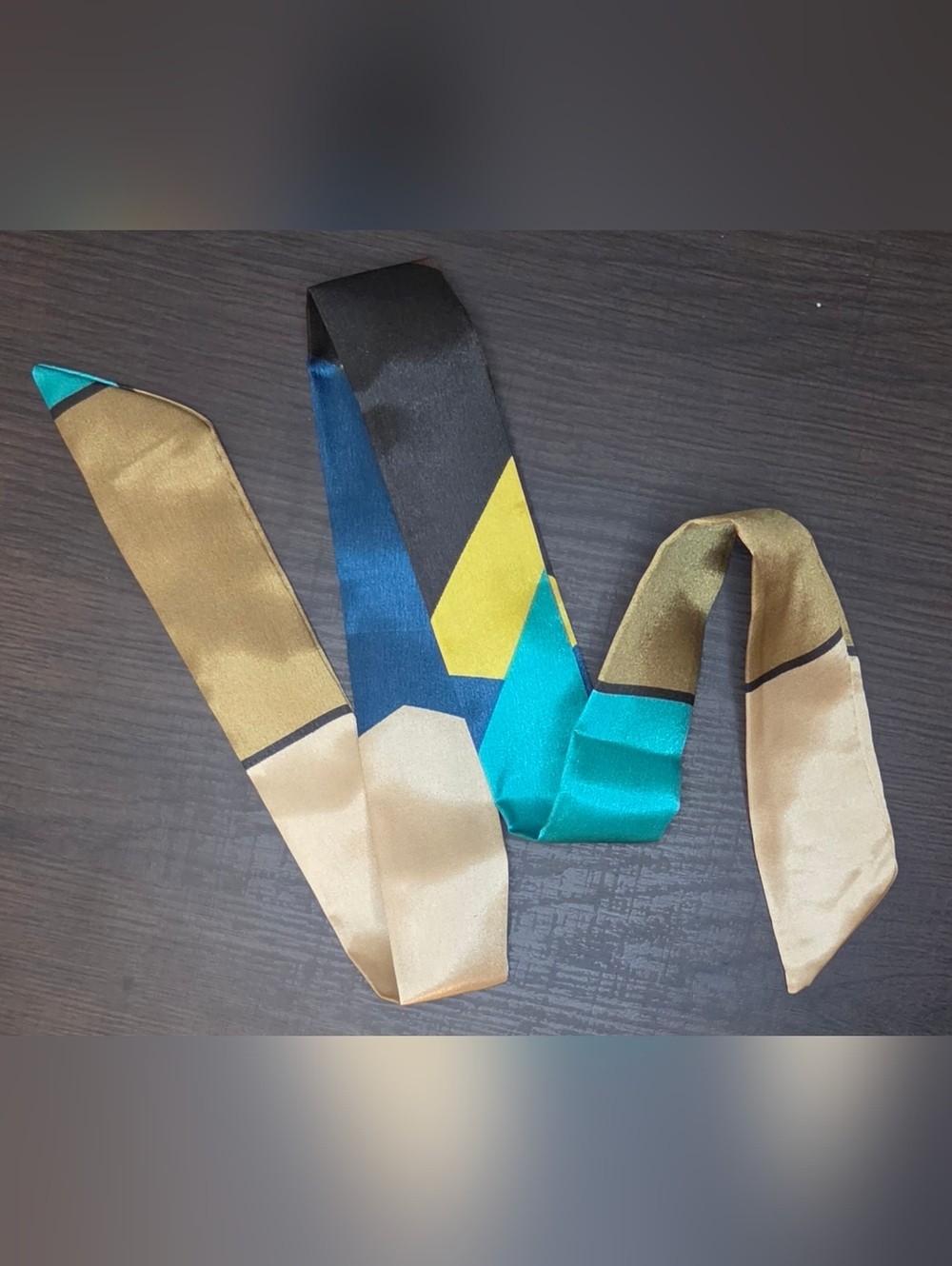 Silk Twilly Scarf Geometric Print Teal Gold Black Skinny Scarf